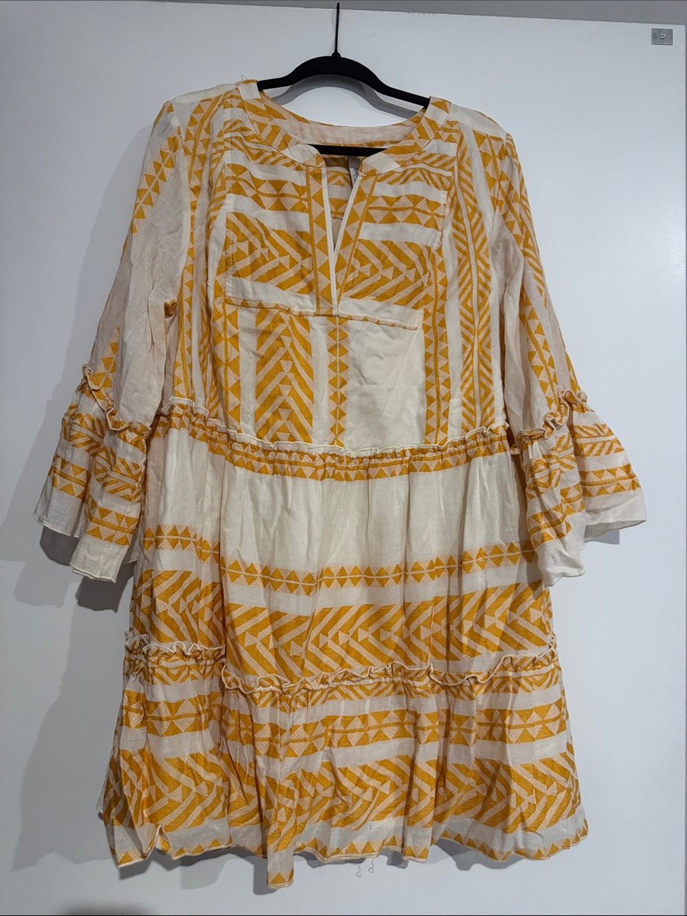 Women's Yellow Patterned Tiered Boho Dress
